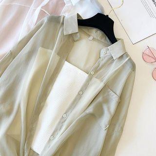 Long-sleeve Plain Loose Fit Chiffon Sheer Shirt