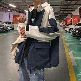 Color Block Letter Printed Hooded Zipped Jacket