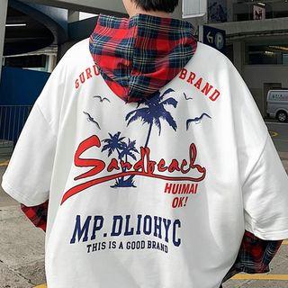 Plaid Panel Printed Hooded Sweatshirt