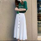 Short-sleeve Crocodile Print T-shirt / Button-up Midi Accordion Pleat Skirt