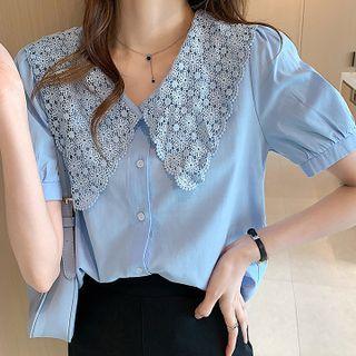 Puff-sleeve Peter Pan-collar Cut-out Plain Blouse