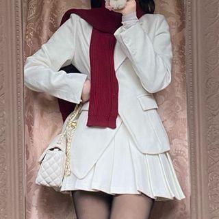 Asymmetric Blazer / Pleated Skirt / Scarf