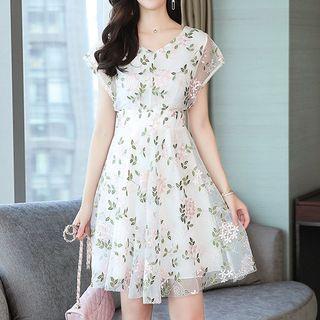 Short-sleeve Floral Mini A-line Mesh Dress