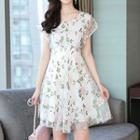 Short-sleeve Floral Mini A-line Mesh Dress