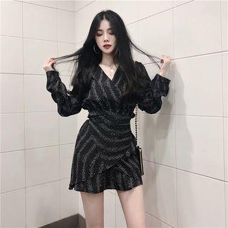 Long-sleeve Print Mini Chiffon Dress Black - One Size