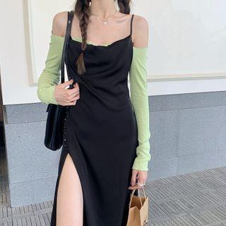 Long-sleeve Off-shoulder Top / Sleeveless Slit-side Sheath Dress