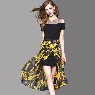 Set: Cutout Shoulder Sheath Dress + Floral Midi Dress
