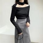 Choker-neck Long-sleeve Knit Top Black - One Size