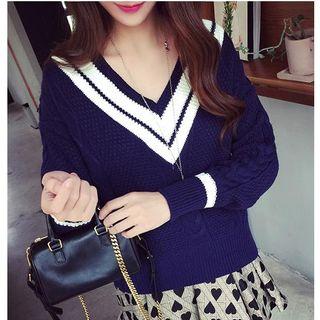 Striped Trim Cable Knit Sweater