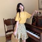 Short-sleeve Flower Embroidered T-shirt / Floral Print A-line Mini Skirt