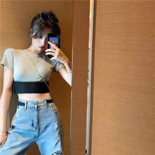 Color-block Short-sleeve Slim-fit Crop Top / Distressed Jeans