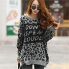 Leopard Print Lettered Knit Top Gray - One Size