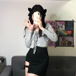 Long-sleeve Lace-up Cropped T-shirt / Cutout Mini Pencil Skirt