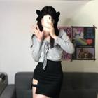 Long-sleeve Lace-up Cropped T-shirt / Cutout Mini Pencil Skirt