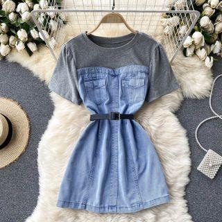 Mock Two-piece Short-sleeve Panel Denim Dress