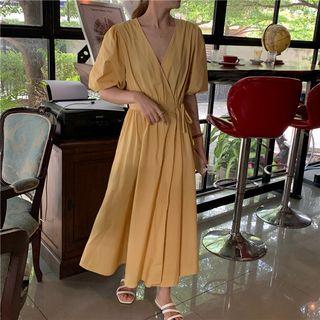 Short-sleeve Maxi A-line Dress Yellow - One Size