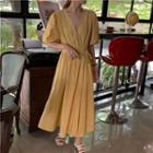 Short-sleeve Maxi A-line Dress Yellow - One Size