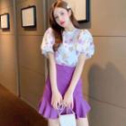 Short-sleeve Floral Print Top / A-line Mini Skirt / Set