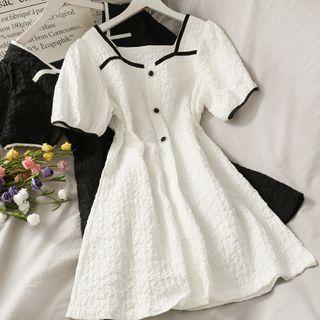 Embossed Puff-sleeve Mini Dress
