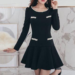 Faux Pearl Accent Long-sleeve A-line Dress