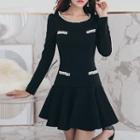 Faux Pearl Accent Long-sleeve A-line Dress