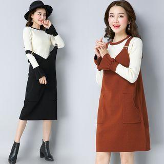 Set: Contrast Trim Long Sleeve Knit Top + Pinafore Knit Dress