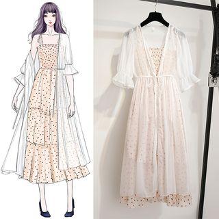 Set: Spaghetti Strap Midi Dotted Layered Dress + Light Jacket