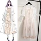 Set: Spaghetti Strap Midi Dotted Layered Dress + Light Jacket