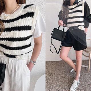 Rib-trim Stripe Knit Vest Ivory - One Size