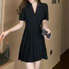 Short-sleeve V-neck Tie-waist Pleated Mini A-line Dress