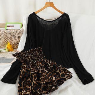Set: Long-sleeve Mesh T-shirt + Leopard Print Mini Skirt T-shirt - Black - One Size / Skirt - Leopard - Brown - One Size