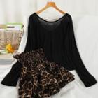 Set: Long-sleeve Mesh T-shirt + Leopard Print Mini Skirt T-shirt - Black - One Size / Skirt - Leopard - Brown - One Size