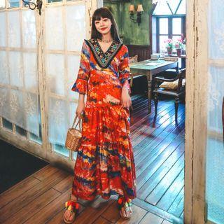 Bell-sleeve Tie Dye Maxi A-line Dress