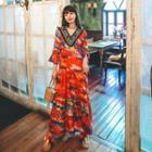 Bell-sleeve Tie Dye Maxi A-line Dress