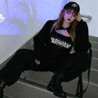 Spaghetti Strap Printed Top / Buckled Sweatshirt