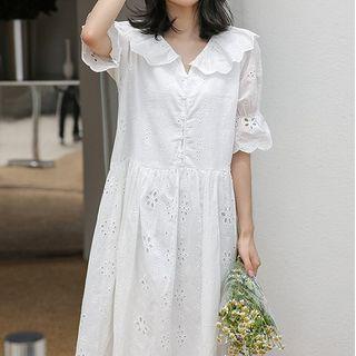Short-sleeve Midi A-line Eyelet Lace Dress White - One Size