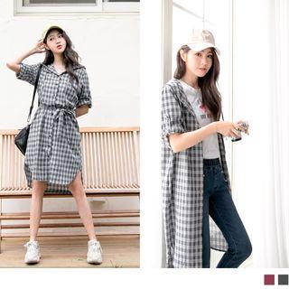 Tie-waist Plaid Hooded Long Top