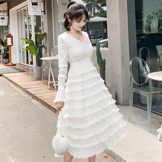 Long-sleeve Midi A-line Tiered Dress