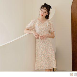 Short Sleeve V-neck Ruffled Floral Print A-line Dress