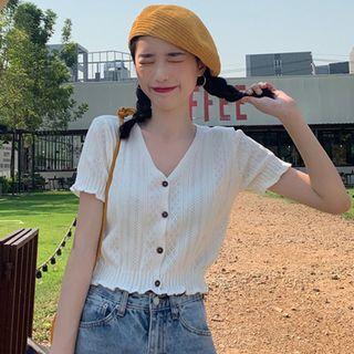 Buttoned Cropped Pointelle Knit Top