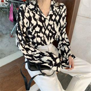 Print Long-sleeve Shirt / Cable-knit Turtle-neck Crop Sweater / Plain Jeans