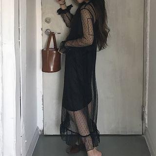 Set: V-neck Long-sleeve Lace Dress + Stripe Dress
