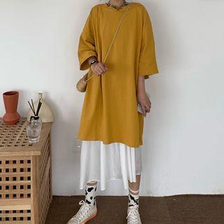 Set: Plain Elbow-sleeve T-shirt Dress + Midi A-line Skirt