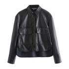 Faux Leather Flap-pocket Shirt Jacket