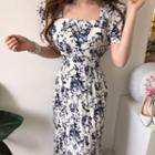 Floral Short-sleeve Square-neck Maxi A-line Dress