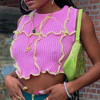 Paneled Cropped Knit Tank Top Rose Pink - One Size