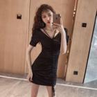 Drawstring Ruched Short-sleeve Mini Sheath Dress
