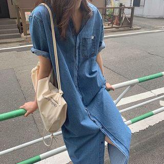 Plain Button Denim Dress Denim Blue - One Size