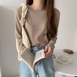 Long-sleeve Round-neck Ruffled Top