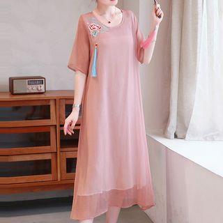 Elbow-sleeve Embroidered Midi Chiffon Dress